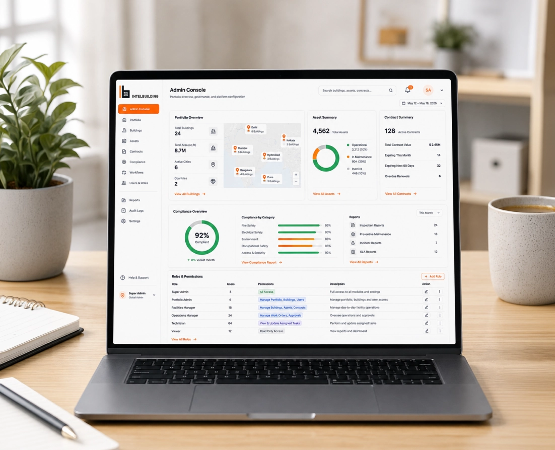 Admin console open on a laptop, showing portfolio overview and compliance reporting